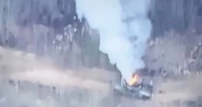 Знищений російський танк біля села Кринки лівобережної Херсонщини. Скріншот: Птахи Мадяра/Telegram.