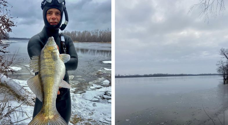 Новости Днепра про Мужчина, который нырнул в ледяной Днепр, чтобы словить рыбку, похвастался огромным судаком