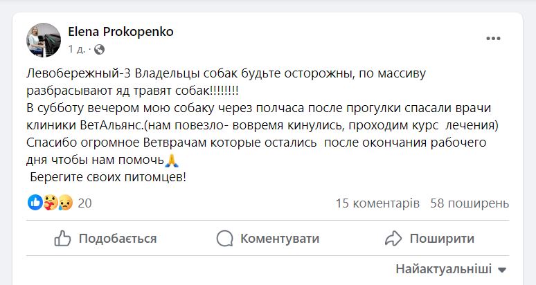 Новости Днепра про В Днепре на Левобережном неизвестные бросают яд для животных во дворах: есть первые жертвы
