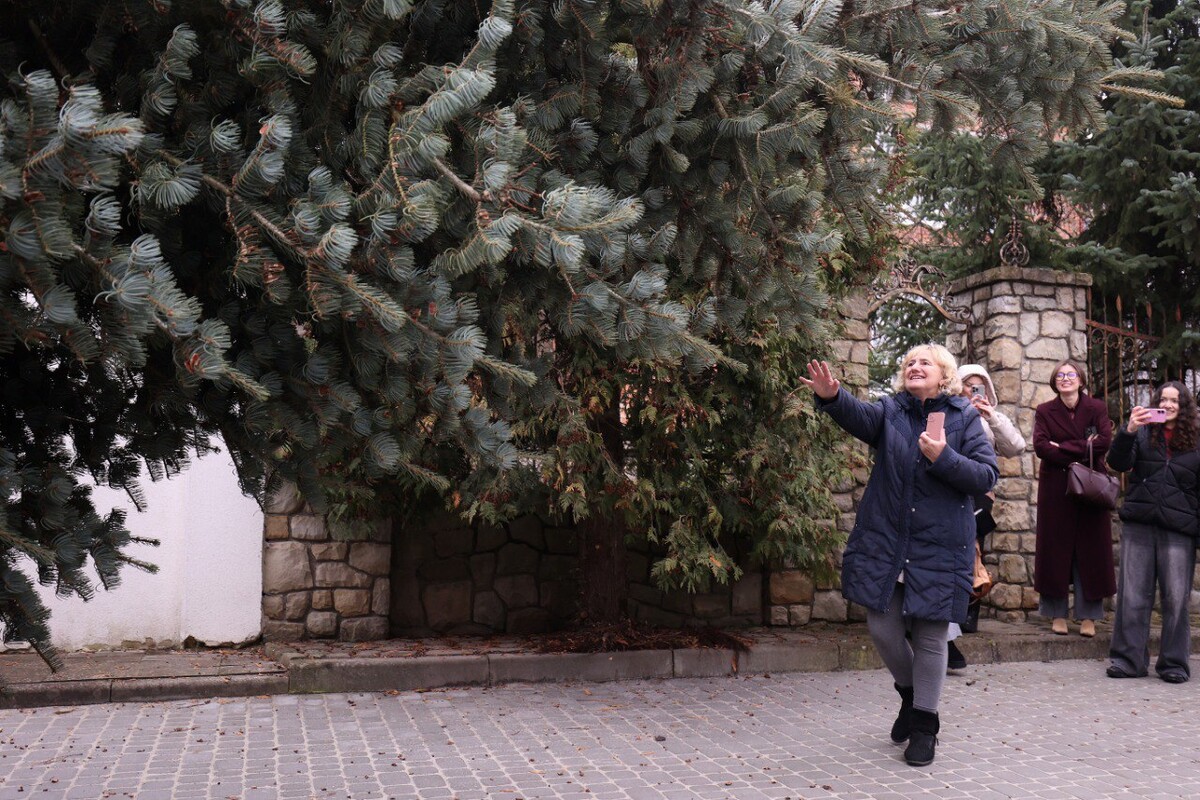 Емоційне фото: Любов Пашечко правою рукою наче тягнеться до ялинки, яку вантажать для подальшого транспортування. Дерево 18 років росло на подвір'ї родини, а вже невдовзі стане готовною окрасою Різдва у Львові