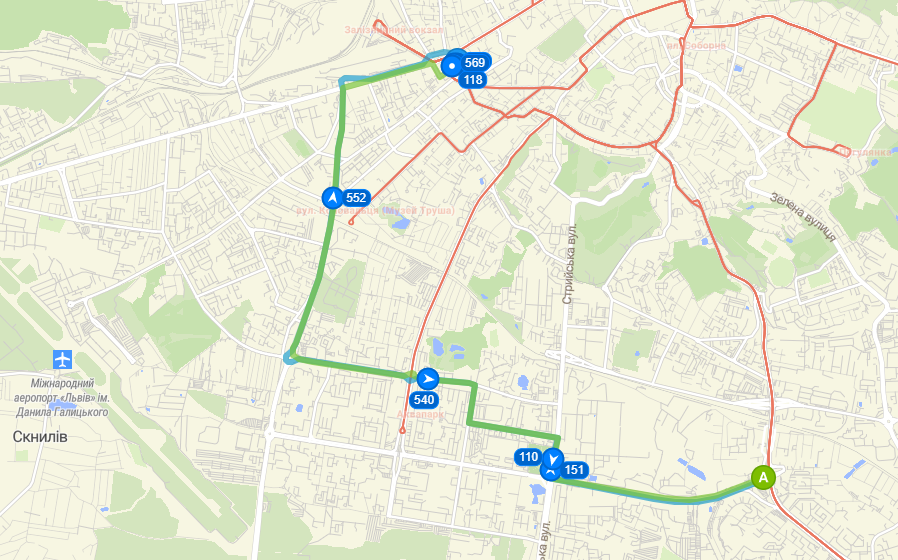 Схема маршруту тролейбуса 38 у місті Львів